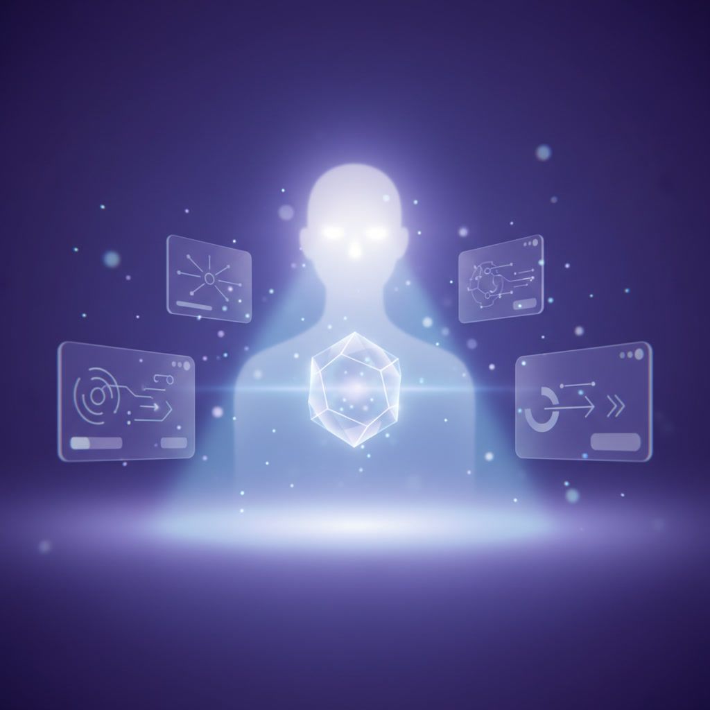 “Holographic abstract leadership scene with glowing UI elements and soft transparent shapes symbolizing clarity and transparency in a futuristic SaaS style.”