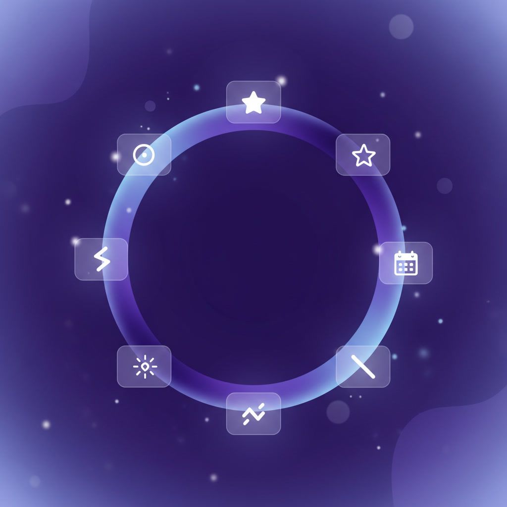 Abstract illustration of a circular loop with seven glowing nodes, representing daily amplitie rituals in a futuristic SaaS style