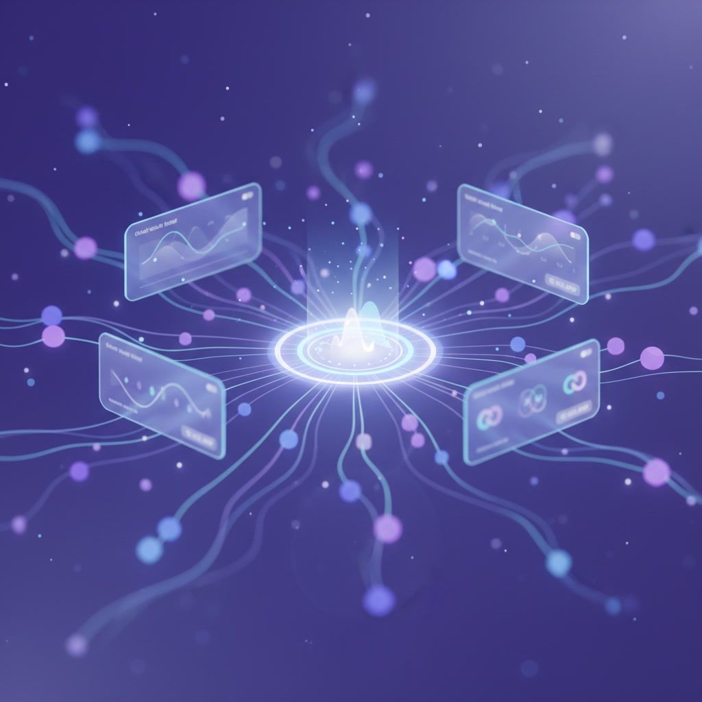 Abstract futuristic illustration of connected remote team nodes with glowing energy lines symbolising amplitie in remote work.