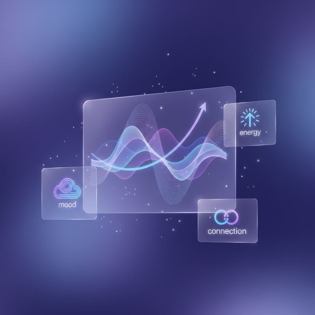 Futuristic dashboard with soft glowing graphs and mood indicators, symbolising the measurement of amplitie and positive health