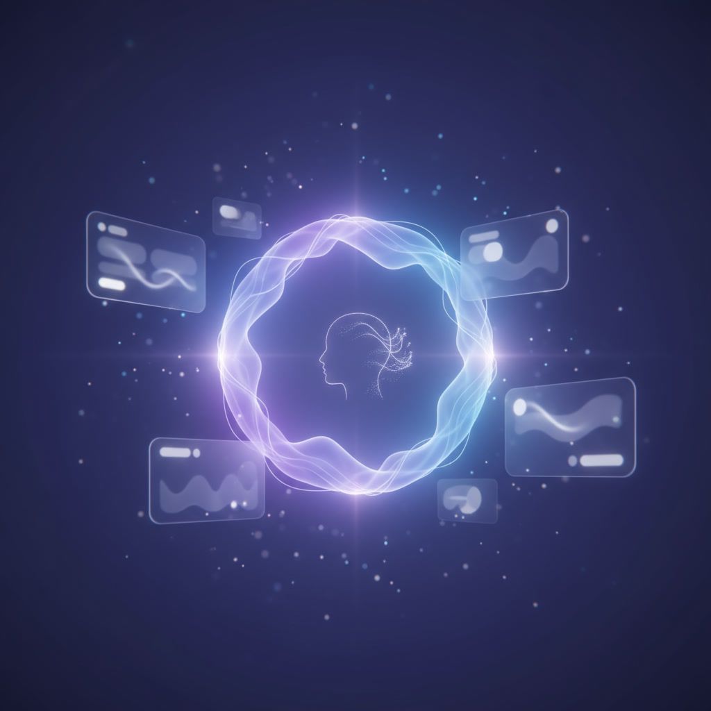 “A glowing circular energy loop representing rest and recovery, with a soft abstract human silhouette, in PulseBoard purple and blue tones.”