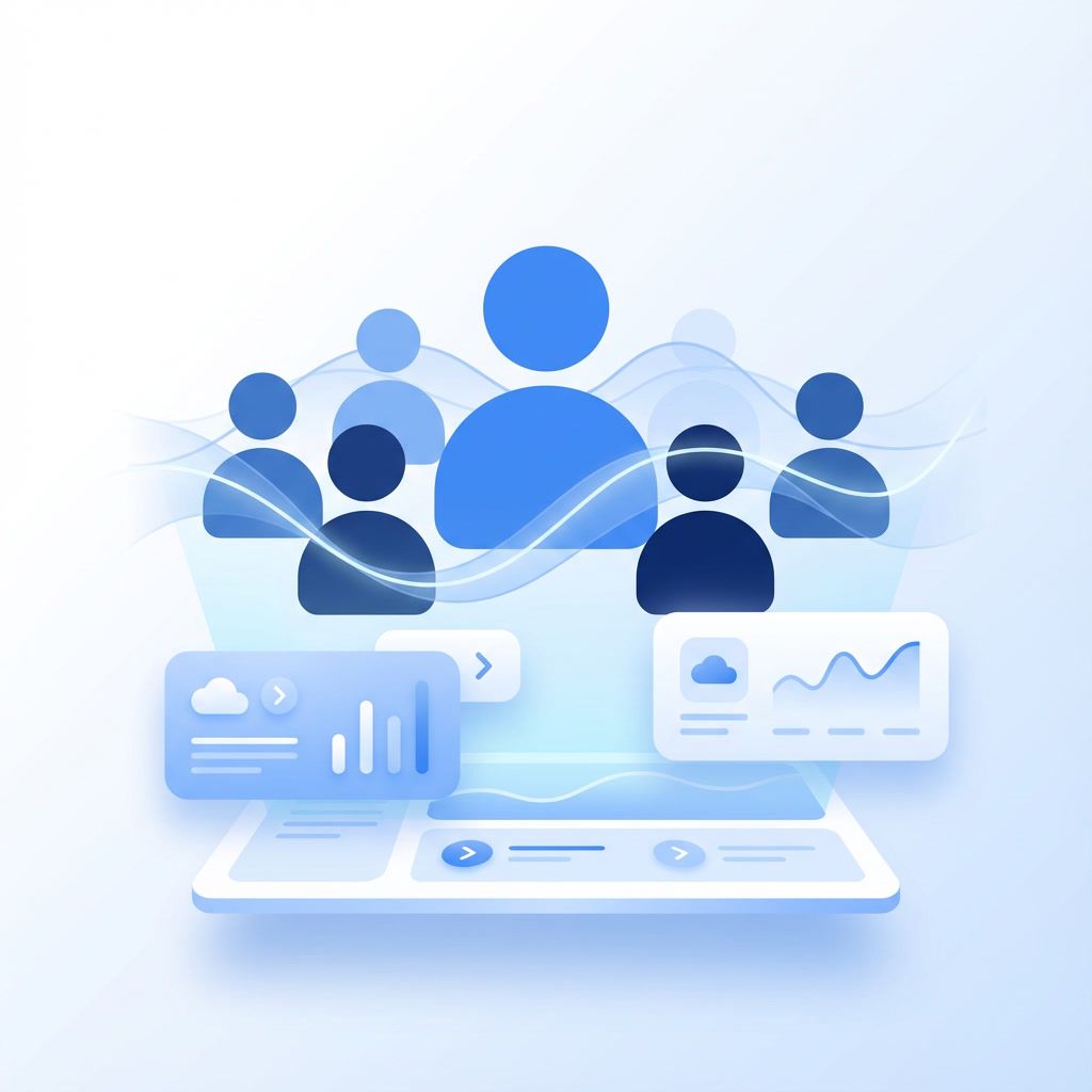 Illustration of diverse employees connected through soft blue lines representing inclusion, psychological safety, and team wellbeing.