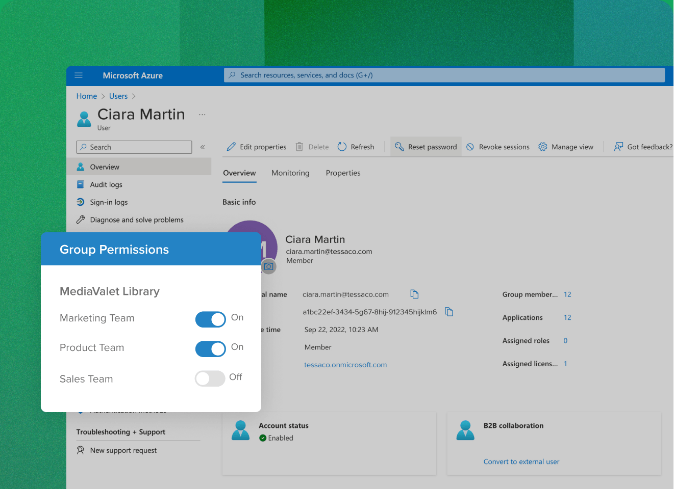 Azure AD platform integrations with group permission settings to setup MediaValet Library on green background
