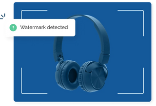Headphones on a dark blue background highlighted by 4 white brackets with a watermark detected popup