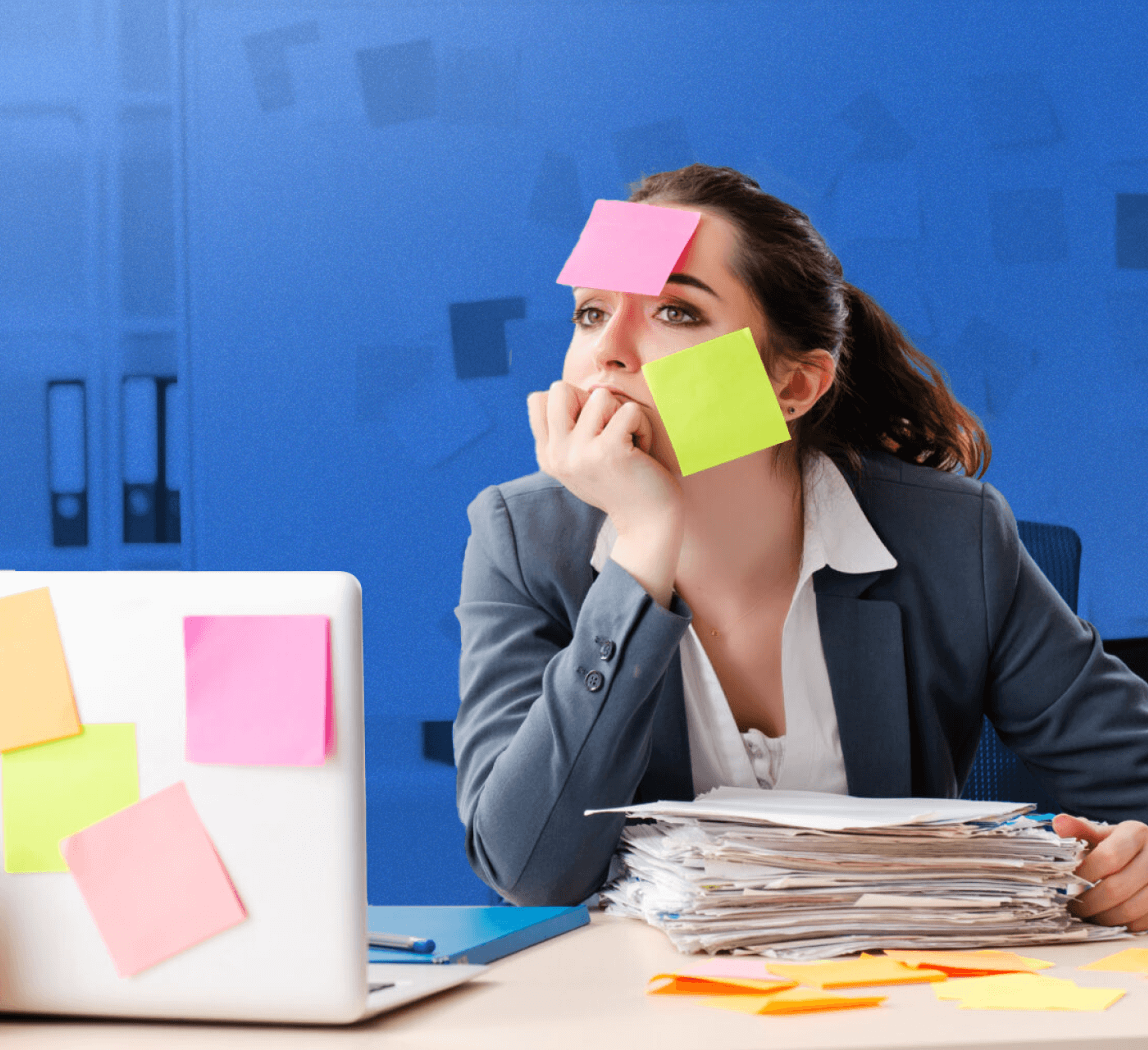 woman with post it notes on her face
