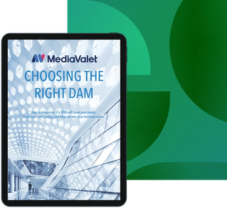 eBook cover of choosing the right DAM on top of a geometric red background with the mediavalet logo