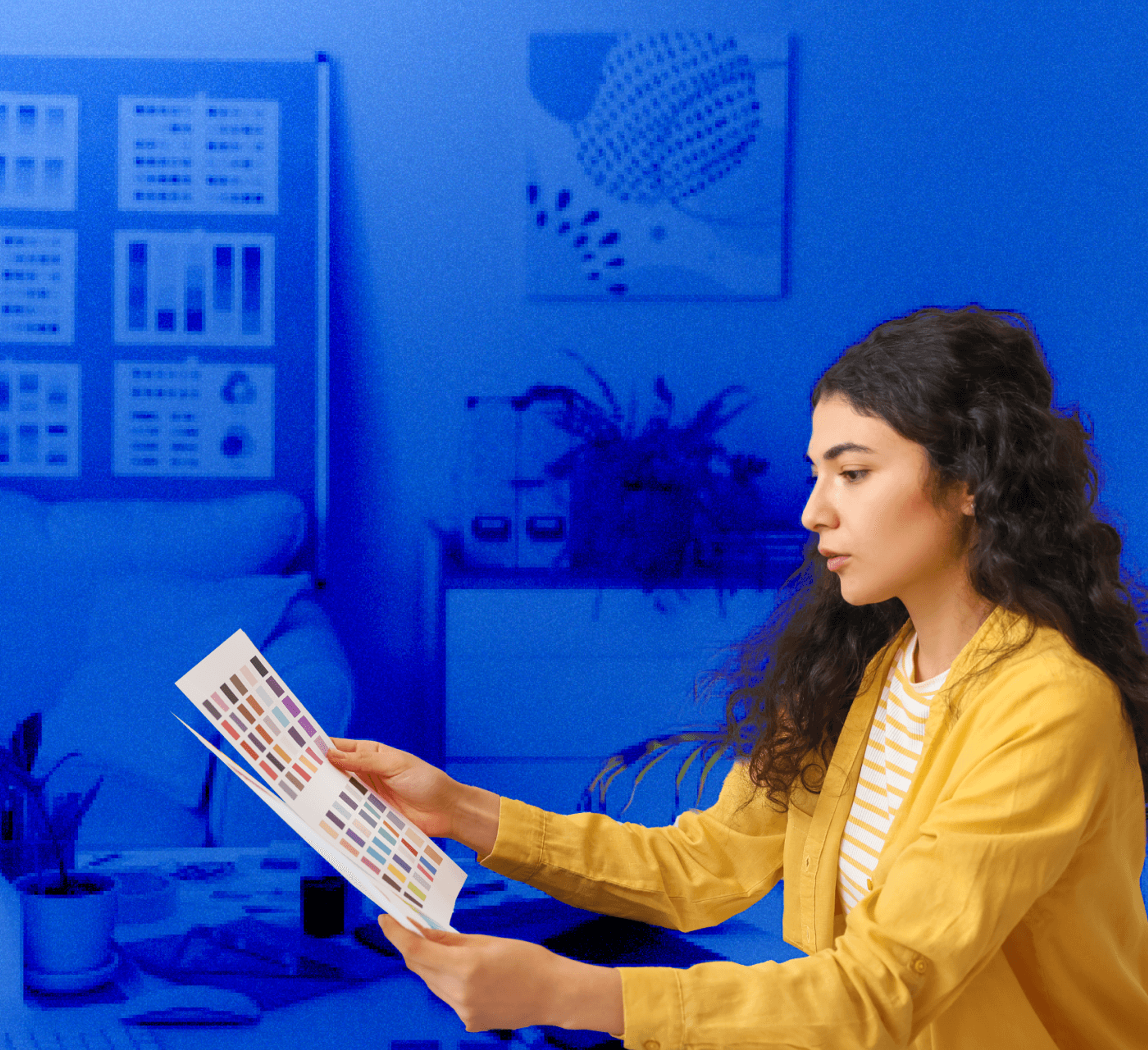 woman looking at a colour sheet