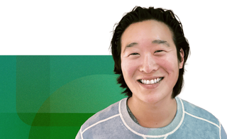 Headspot of andrew shen with a geometric green background