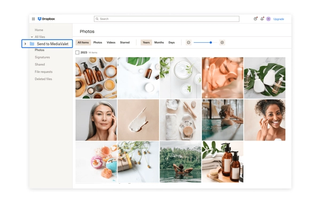 Rows of skincare and wellness images in Dropbox with the function to send to MediaValet highlighted