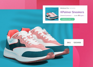 Pink and teal running shoes with white laces on a blue background with a popup SKU number and another popup with more information about the shows on a pink background