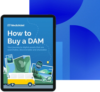 Cover of the mediavalet how to buy a dam ebook with a map, van and scenic mountains on a background of light and dark blue geometric shapes