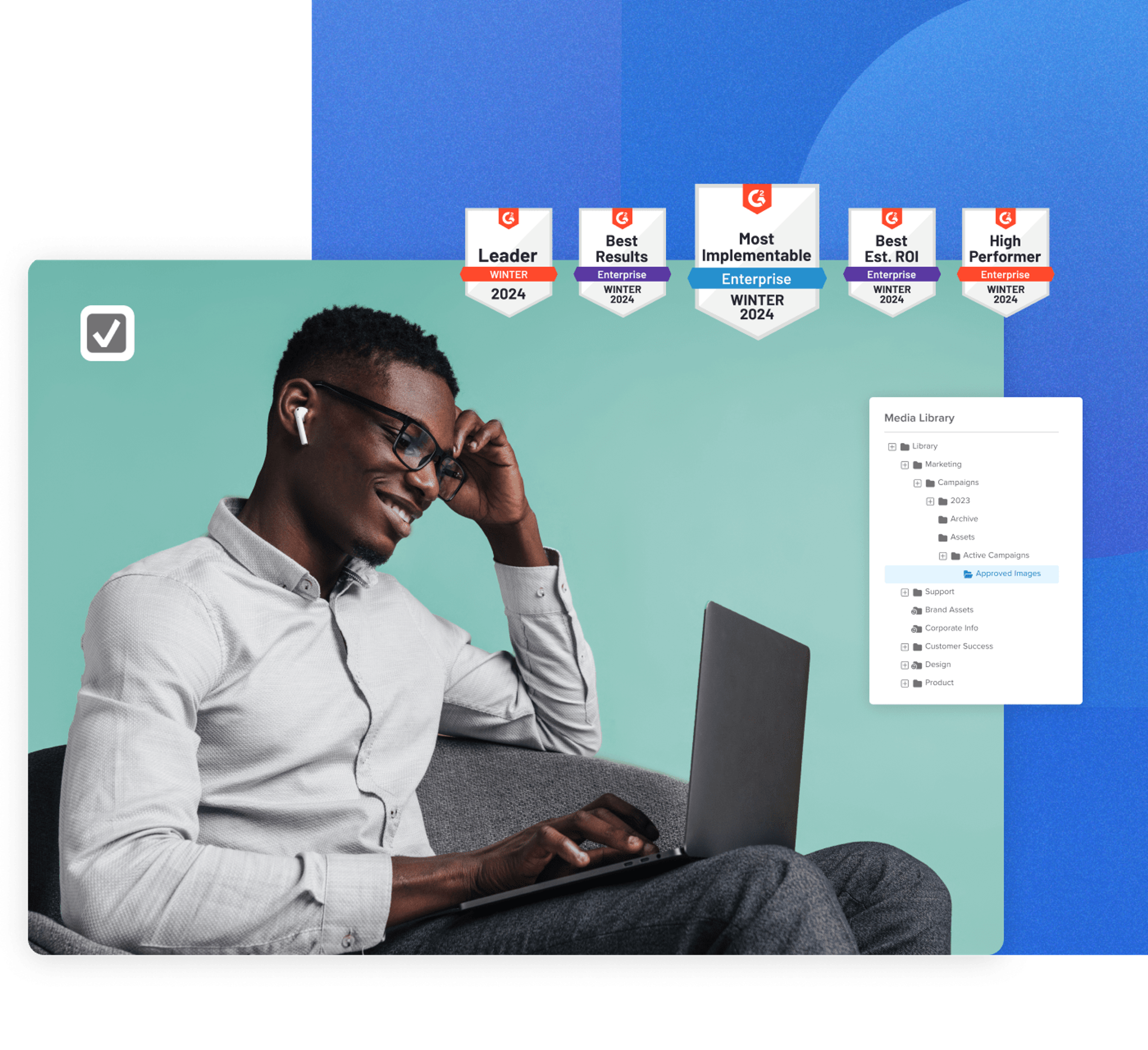 A man with headphones in his ears, working from his laptop to share assets across his organization with his enterprise digital asset management system on a green and blue background.