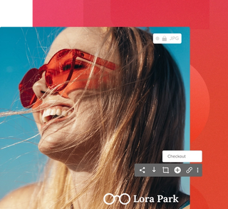 Women in the sun wearing red sunglasses looking to the left with a lora park logo in white with photo sharing options on a red background