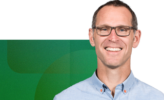 Headshot of rob chase the ceo of mediavalet with a geometric green background