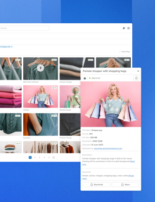 Digital asset management platform media library of female shoppers with shopping bags preview image gallery with a popup of approved images and details to download and share on a blue background