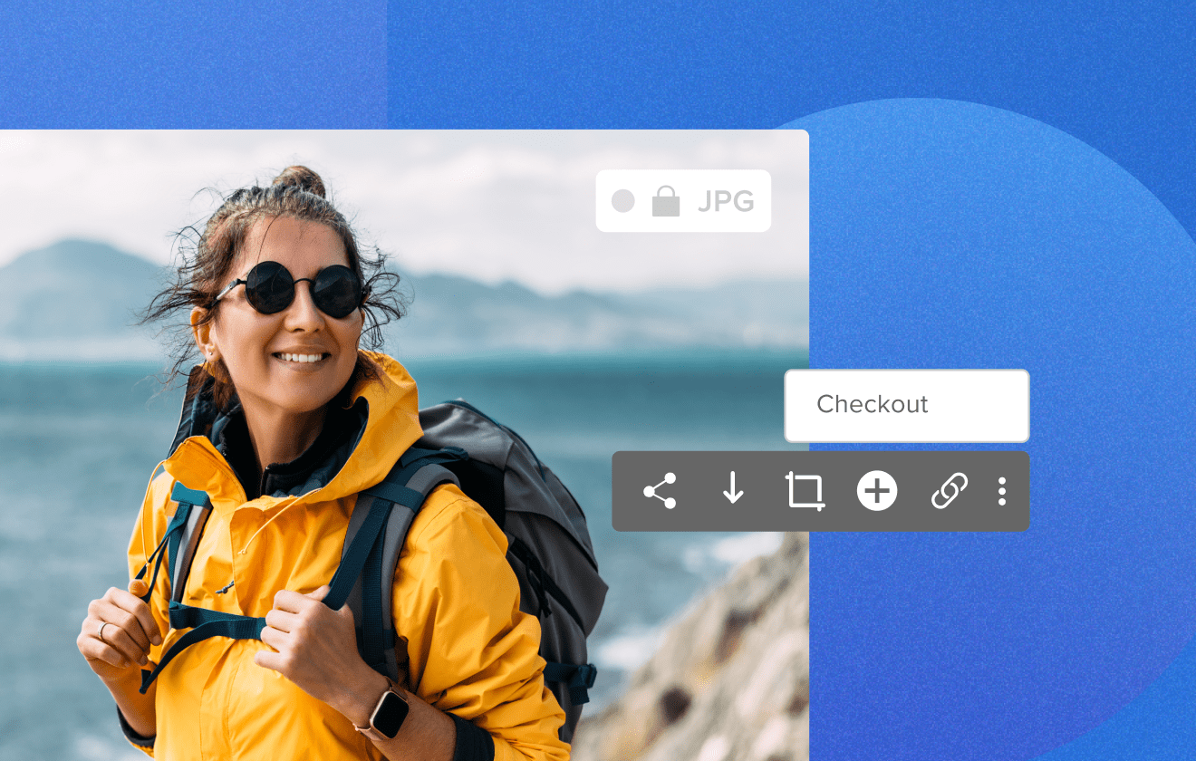 Women wearing sunglasses and backpack smiling in the wind on a hike by the water on a blue geometric background