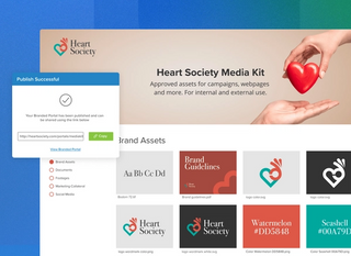 Brand assets for heart society with a publish successful popups and copy and share option on a blue and green background