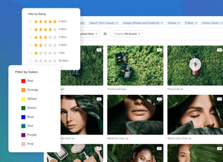 Rating and Color Filter dropdown overlay a gallery of beauty images with green backgrounds.