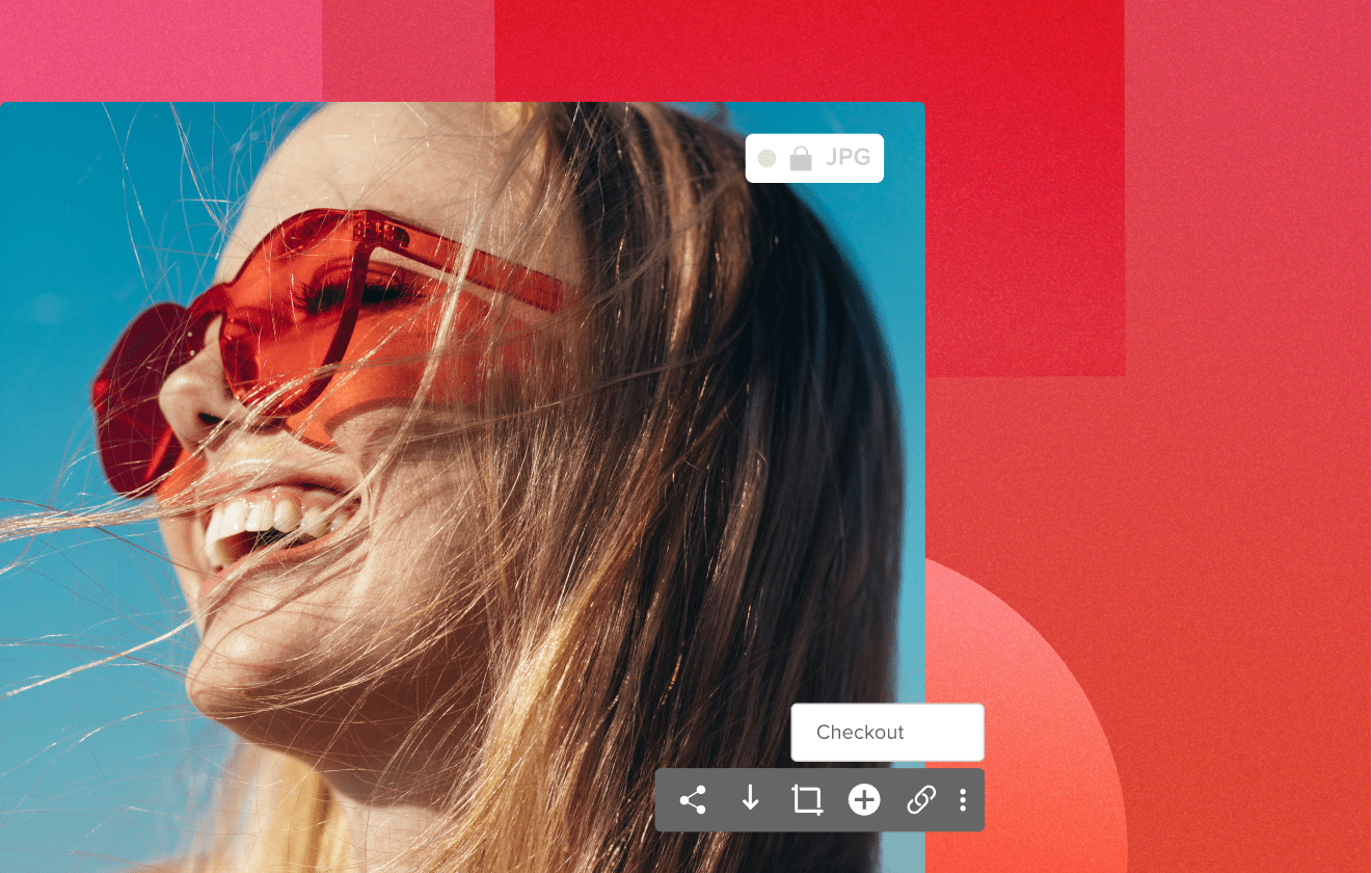Women in the summer wearing red sunglasses smiling, with the wind in her hair, the feature toolbar and file type overlaid on top of image with a red geometric background