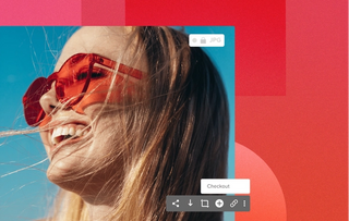 Women in the summer wearing red sunglasses smiling, with the wind in her hair, the feature toolbar and file type overlaid on top of image with a red geometric background