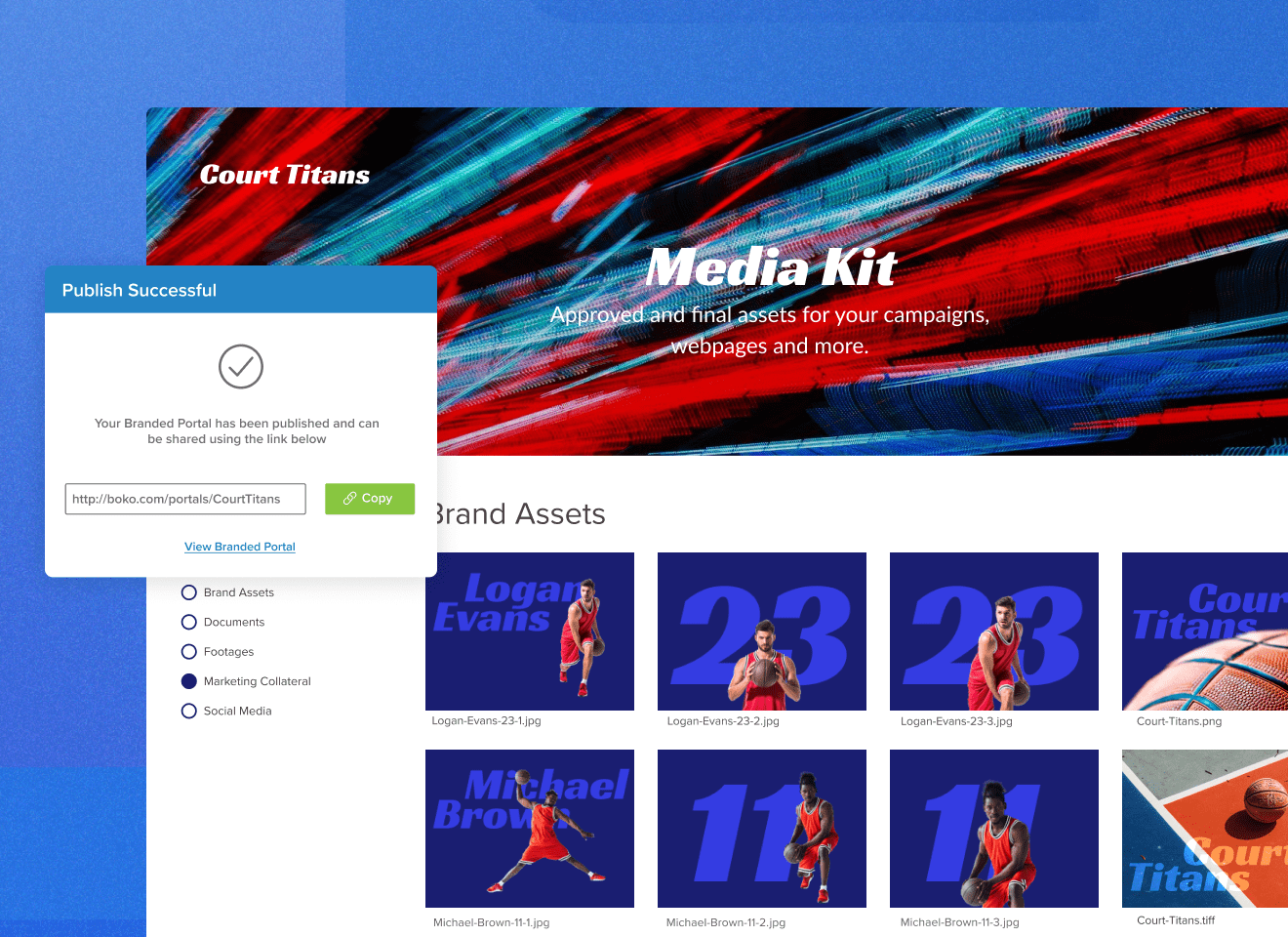 Brand assets in a mockup for a company with a publish success popup and option to share the marketing collateral on a blue background