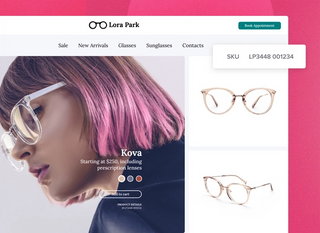 Women with pink hair and glasses looking to the side, images of two pairs of glasses on the Lora Park website with the editing tool option to delete