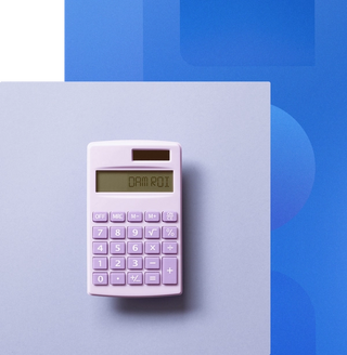 light pink and purple calculator with digital asset management (DAM) ROI on the display with a blue geometric background
