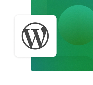 The WordPress logo in grey with a white background on a green gradient card integration