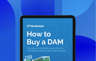 Cover of the mediavalet how to buy a dam ebook with a map design on a background of light and dark blue geometric shapes