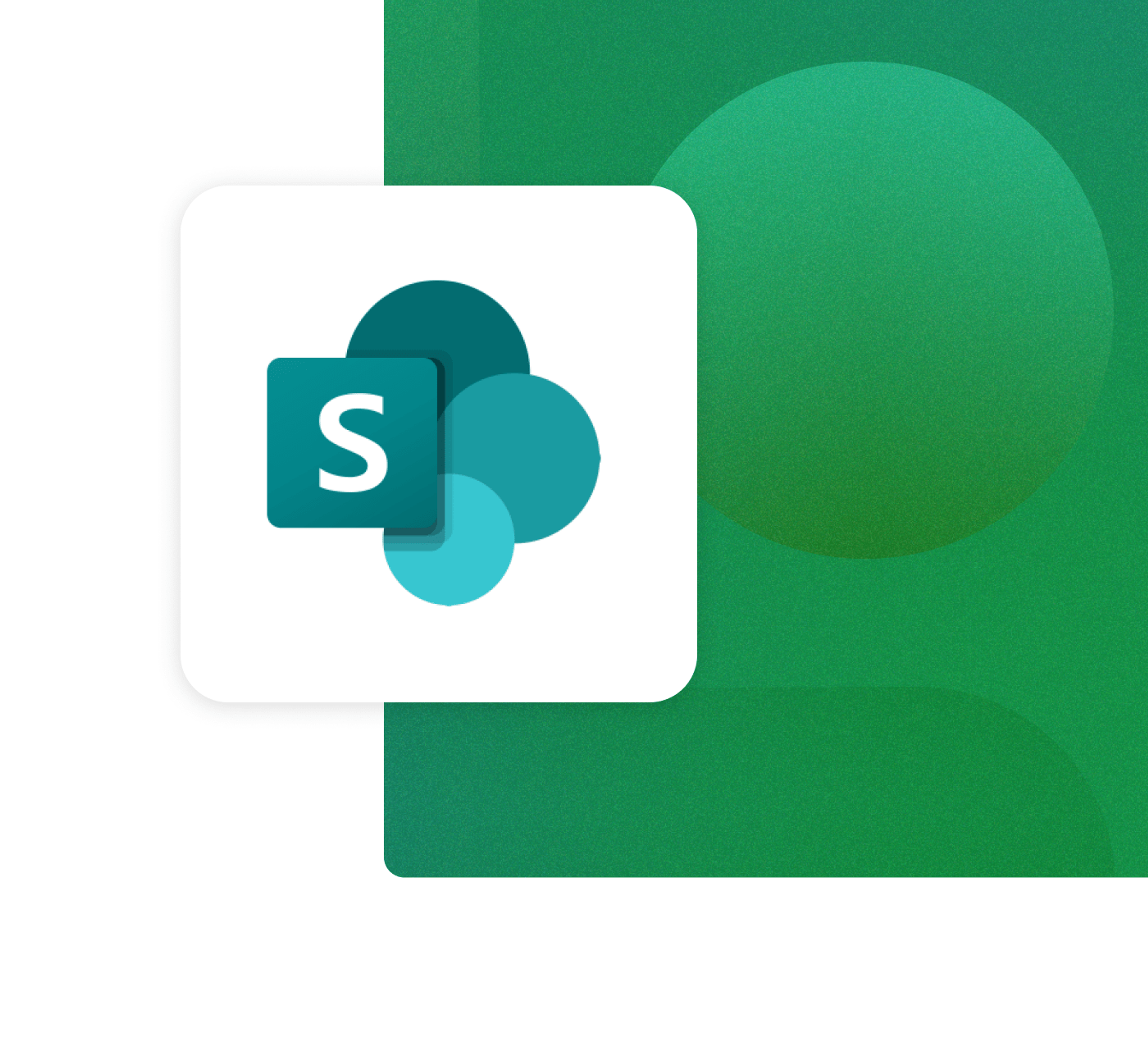 The Sharepoint logo in teal with a white background on a green gradient card integration