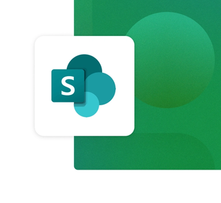 The Sharepoint logo in teal with a white background on a green gradient card integration