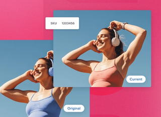 Two images of a women smiling , working out, listening to music with different colour effects showing the current images and the original image with the SKU number
