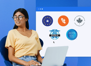 Woman working on computer with blue background, with a pop up screen highlighting security badges.