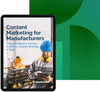 The Content marketing for the manufacturing guide cover on a tablet with the Mediavalet logo, a construction man working wearing a blue hard helmet on top of a faded green geometric shapes background