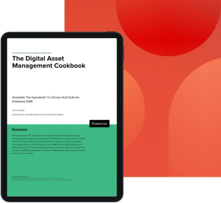 Green and white eBook cover of the digital asset management cookbook with forrester on a geometric red background