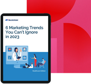 eBook cover of 6 healthcare marketing trends you cant ignore in 2023 on top of a geometrics magenta background with the mediavalet logo