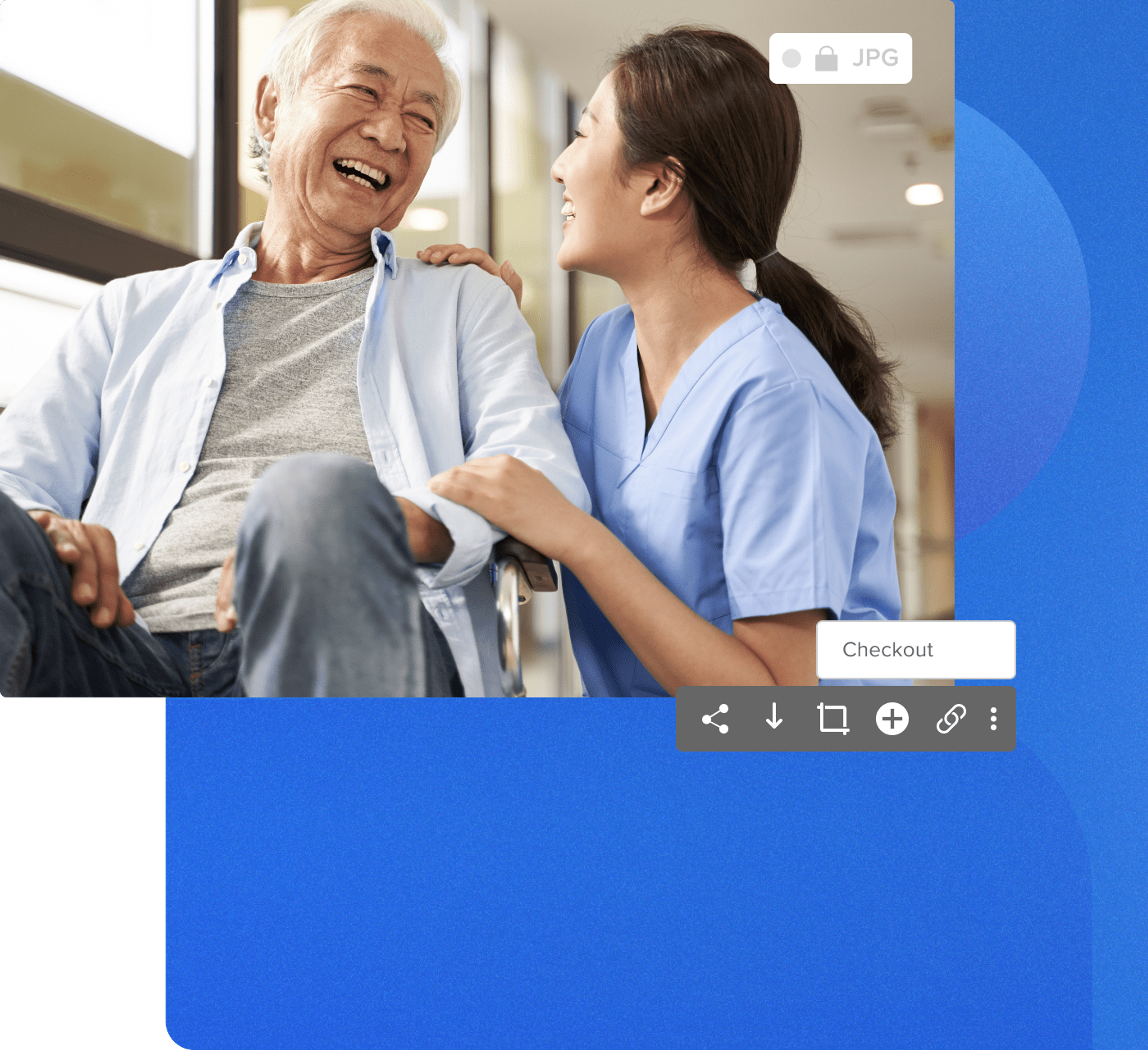 Older man in a wheelchair at a hospital with a nurse holding his arm and laughing with the patient with image details with a blue geometric background