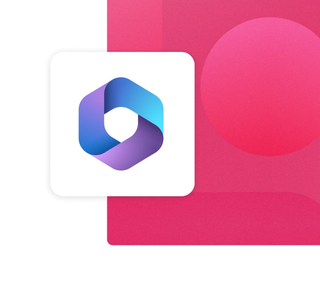 The Microsoft 365 logo in blue and purple fade with a white background on a pink gradient card integration