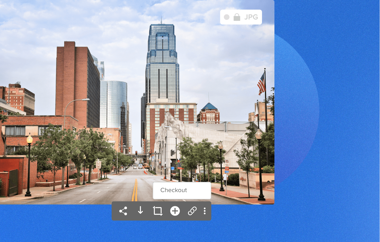 Example of a government DAM image. Government buildings from an empty street view showing the checkout feature of the jpg file on top of a geometrics faded blue background