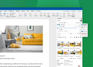 The Microsoft and CI HUB view showing the MediaValet connection and how to add images to a document