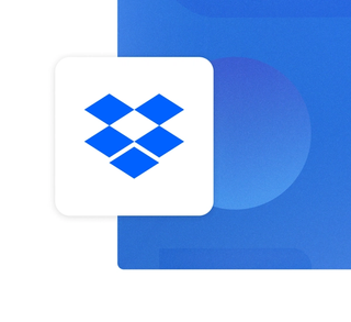 The Dropbox logo with a white background on a blue card integration