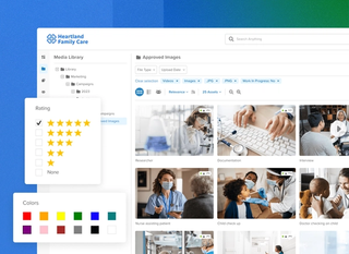 Media library for heartland family care with approved images of healthcare images and videos with colours, ratings, and status of images on a blue and green background
