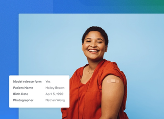 Women patient smiling with a bandage on her arm with image details about patient name, birth date and photographer