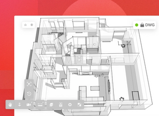 Black and white house interior mock-up in AutoCad showing editing function of DWG file on a red background