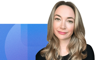 Headshot of sarah laughlin from mediavalet with a geometric blue background
