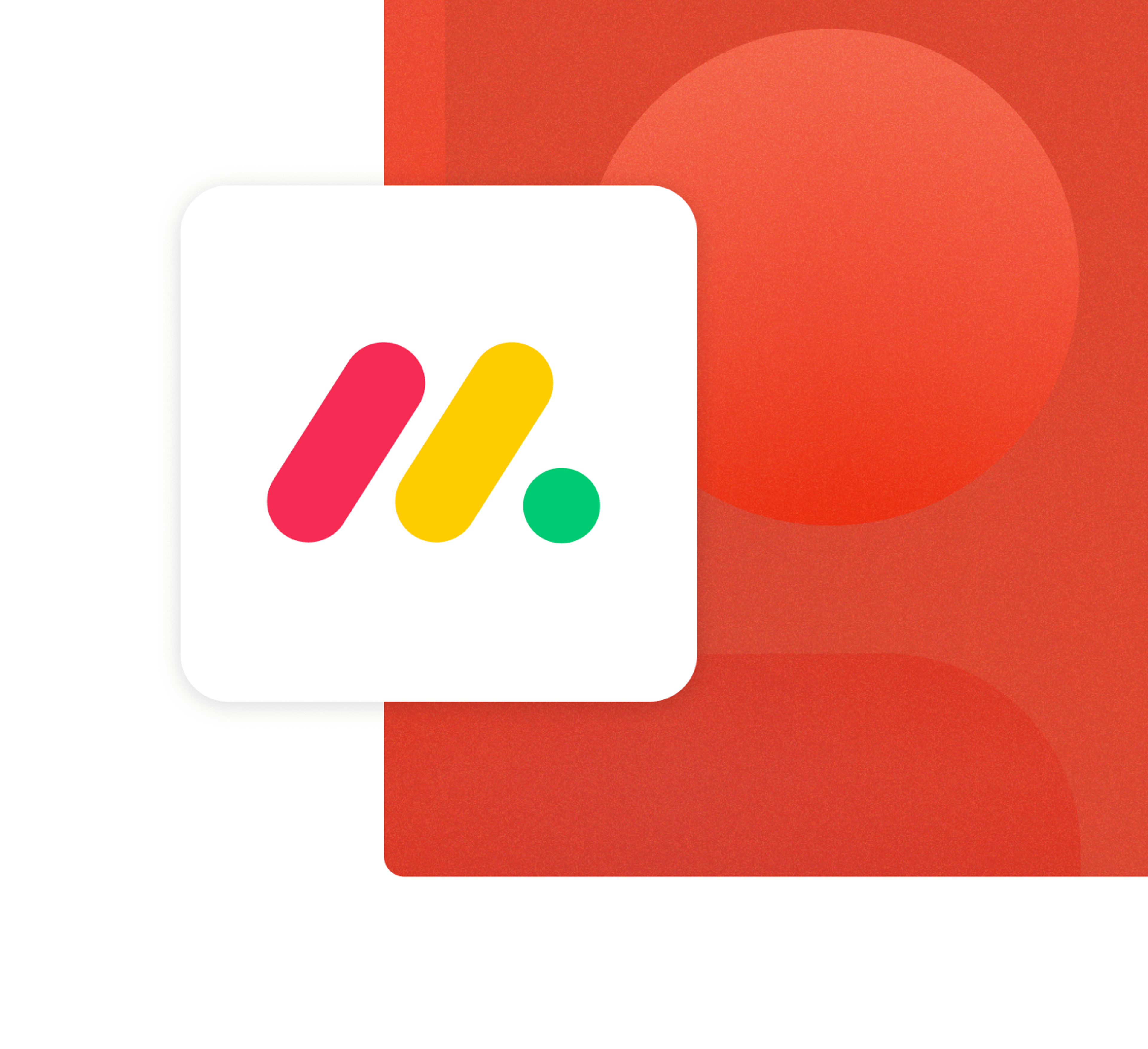 The Monday.com logo with a white background on a red gradient card integration