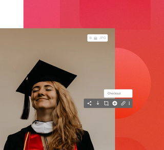 Women with blond hair wearing a graduation cap and gown with her eyes closed, smiling with a photo editing popup and jpg label on a red geometric background