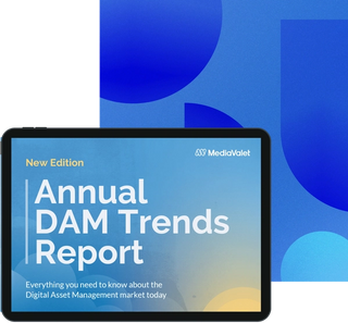 Cover of the Annual DAM trends report 2023 new edition with clouds and sun design layered to the bottom left of a background of light and dark blue geometric shapes