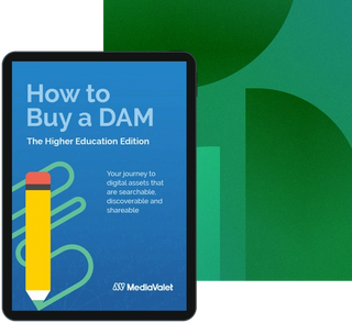 The how to buy a DAM higher education edition guide cover on a tablet with the Mediavalet logo on top of a faded green geometric shapes background
