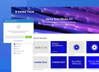 Brand assets in a mockup for a company with a publish success popup and option to share the library on a blue background